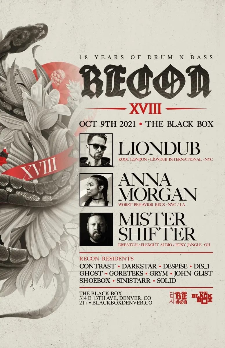 Flyer: RECON 18 Year Anniversary - LionDub x Anna Morgan x Mister Shifter