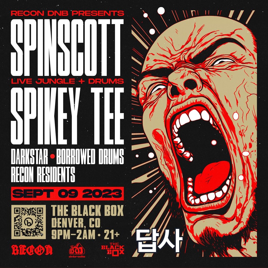 Flyer: Spinscott, Spikey Tee, Darkstar, Borrowed Drums and Recon Residents!