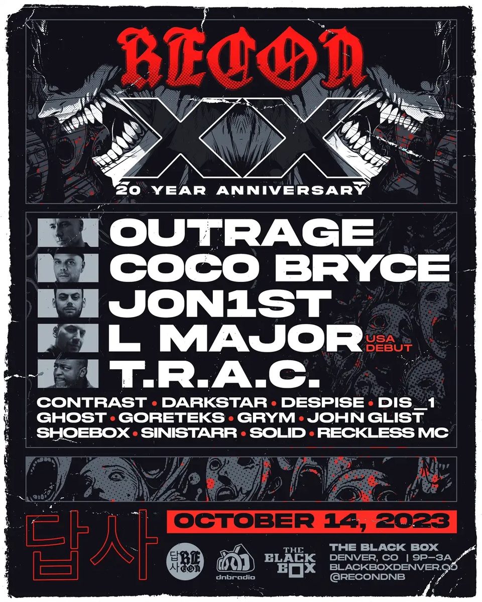 Flyer: Recon DNB XX Anniversary - Outrage x COCO BRYCE x JON1ST x L MAJOR x T.R.A.C.