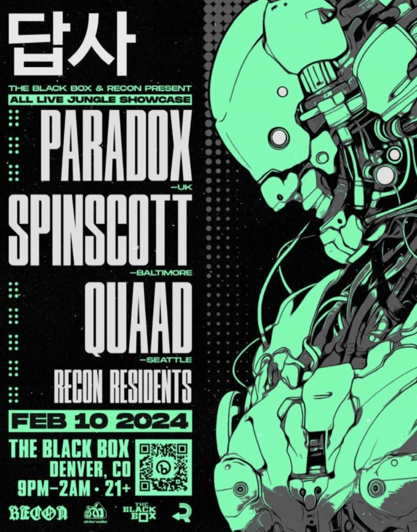 Flyer: All live jungle showcase feat. Paradox, Spinscott, Quaad, Recon Residents!